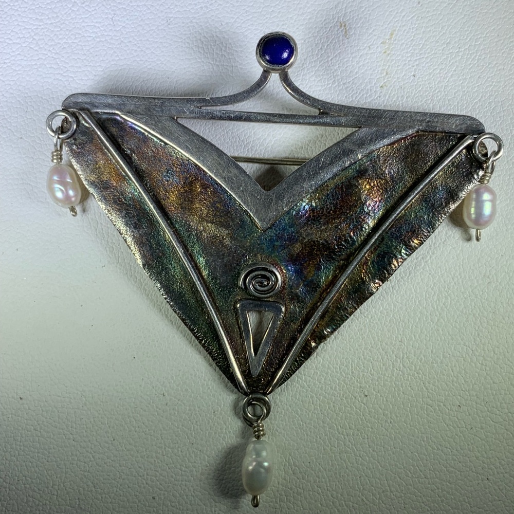Abstract Sterling Silver Brooch Pin Lapis & Pearls